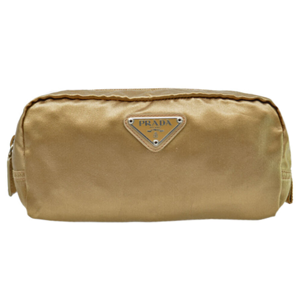 Prada Pouch Clutch triangle logo Camel Tan silver leather metal makeup